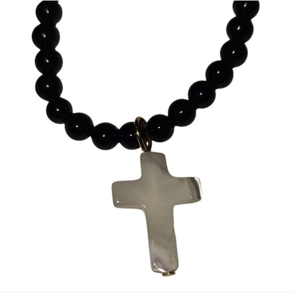 Susan Shaw Alys Black Onyx and Mother of Pearl Cross Necklace and Earrings New! - Picture 2 of 8